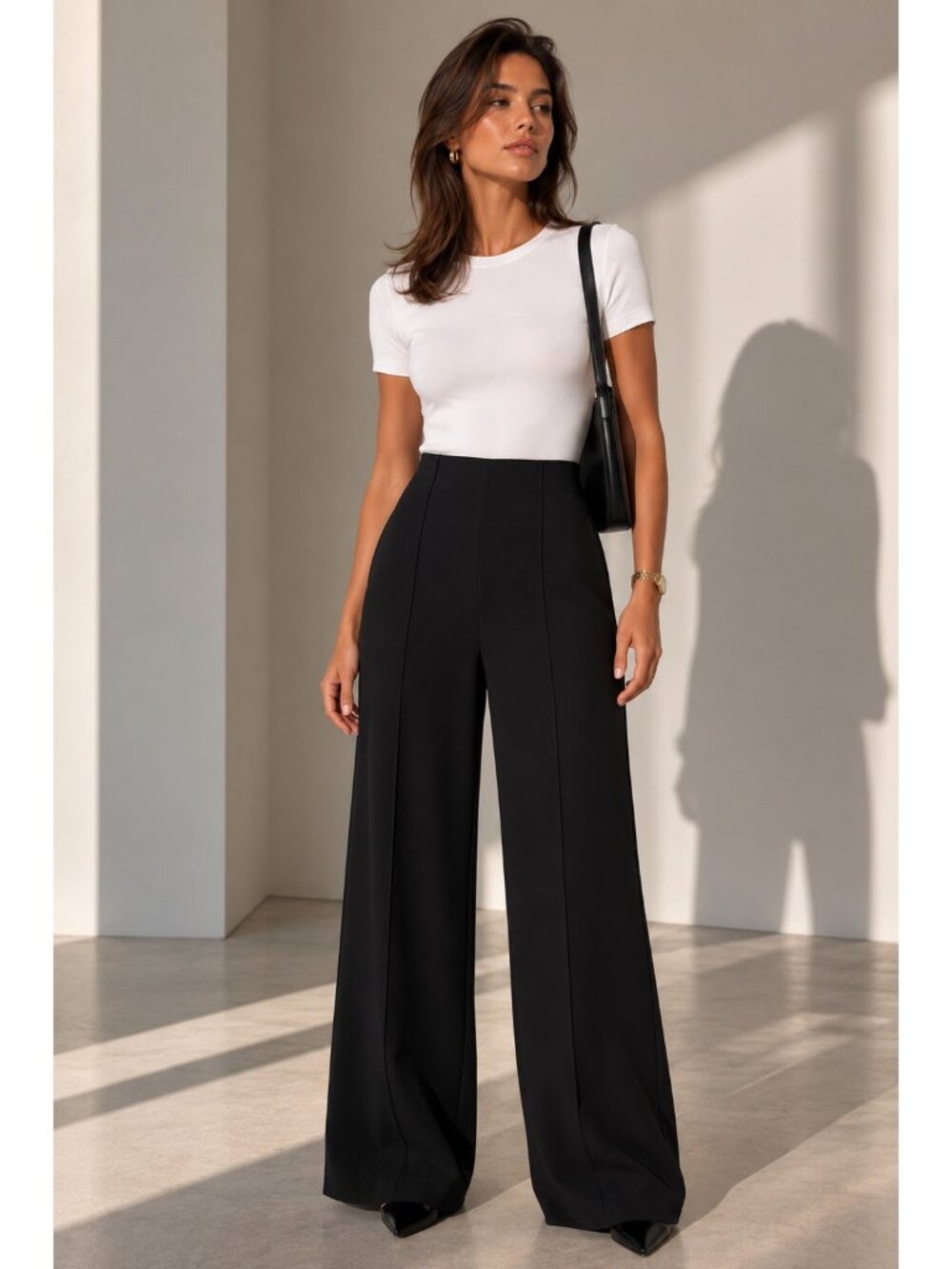 Oysho Pintuck Wide Leg Pants Black High Rise UPF 40+ Stretch Pull On Size M